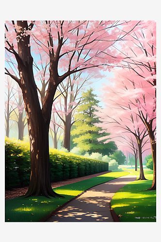 春天的森林公园一角风景插画AI数字艺术