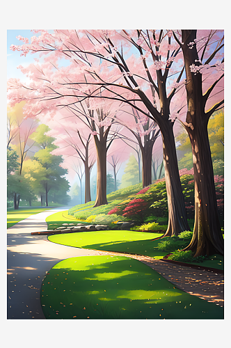 AI数字艺术春天的森林公园一角风景插画