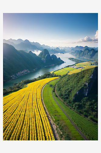 摄影风春天青山油菜花田航拍图AI数字艺术