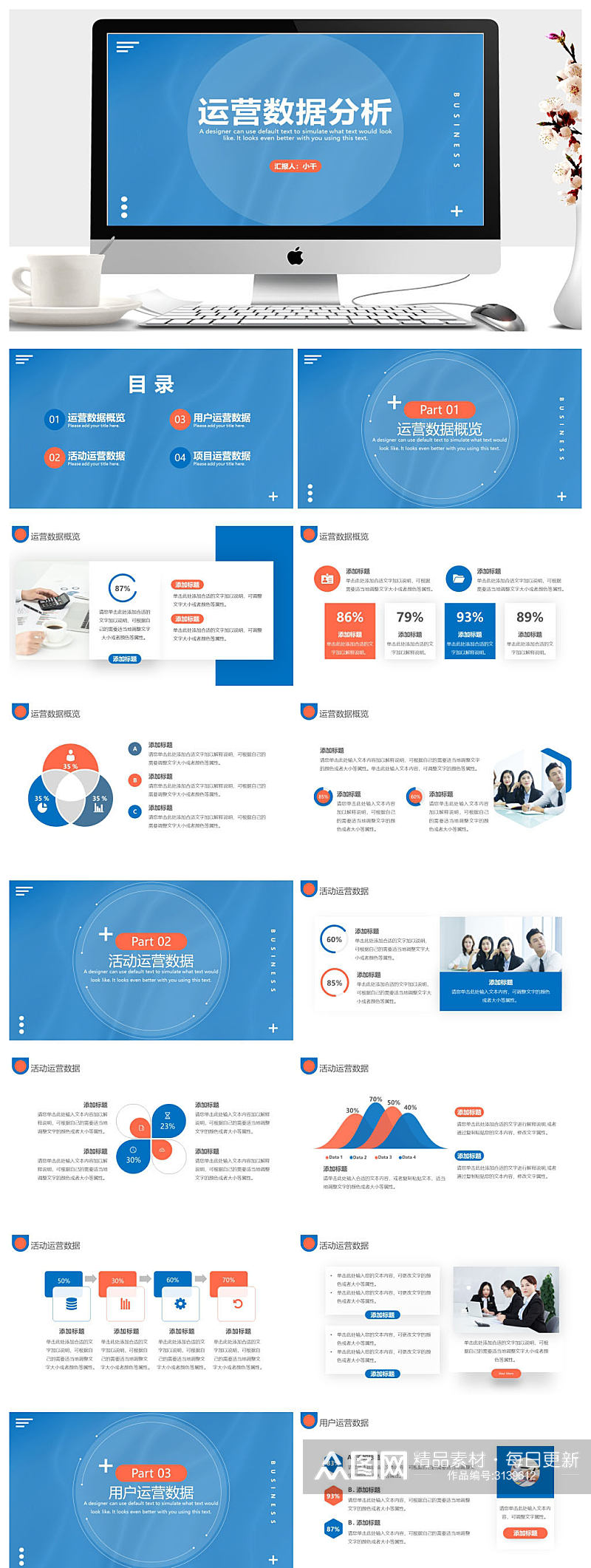 蓝色简约风企业运营数据分析PPT模板素材