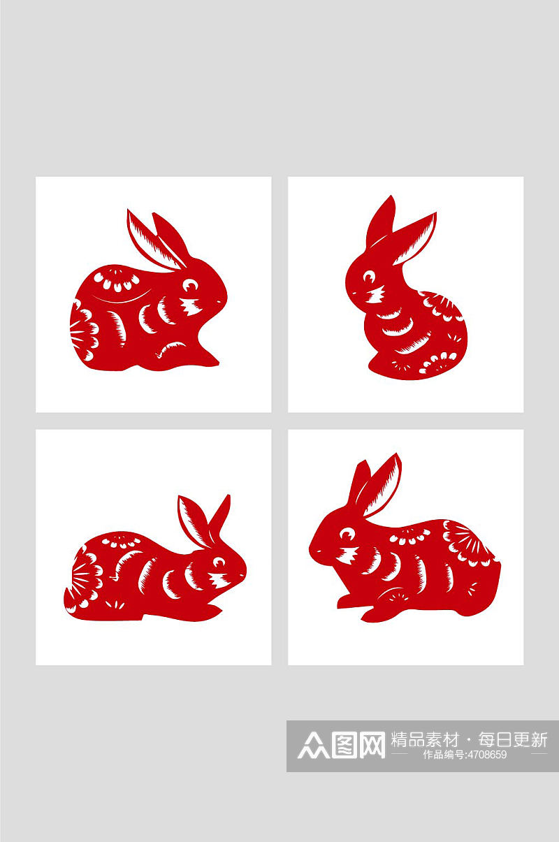 红色生肖兔中国风兔年兔子剪纸插画素材
