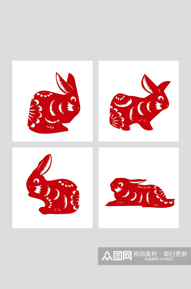 红色兔剪纸中国风兔年兔子剪纸插画素材