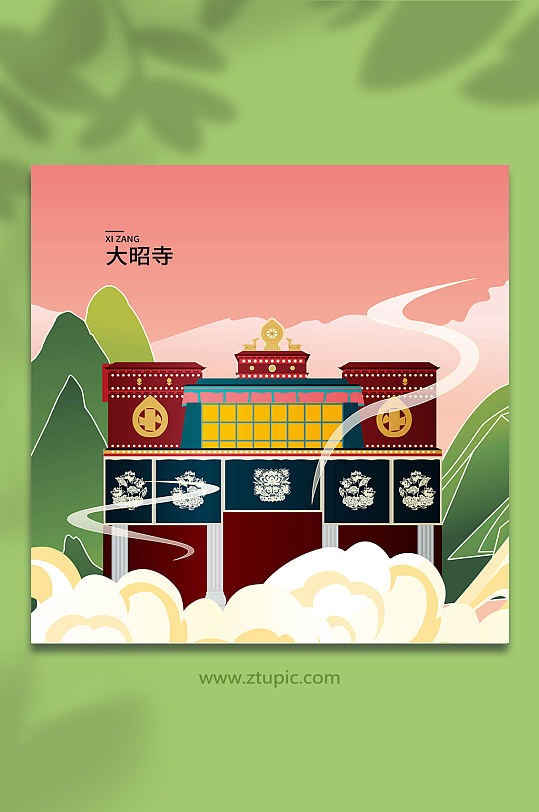 矢量大昭寺西藏地标建筑插画-众图网