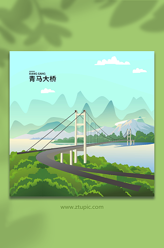 矢量青马大桥香港城市地标建筑插画