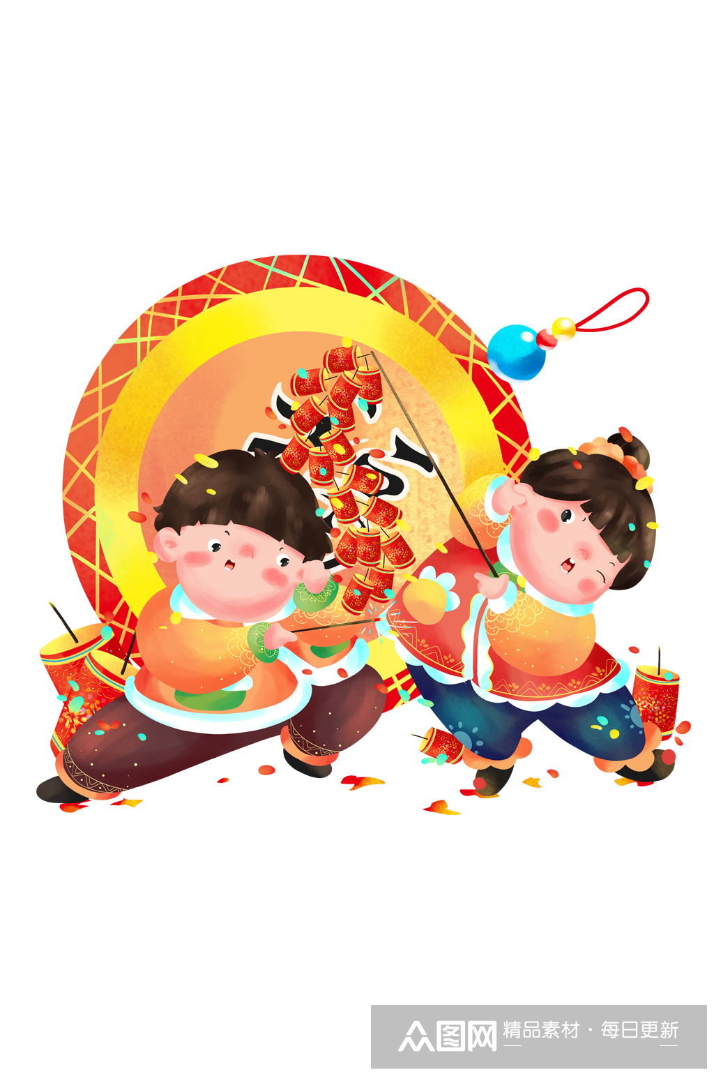 过年放鞭炮的福娃牛年新年卡通插画