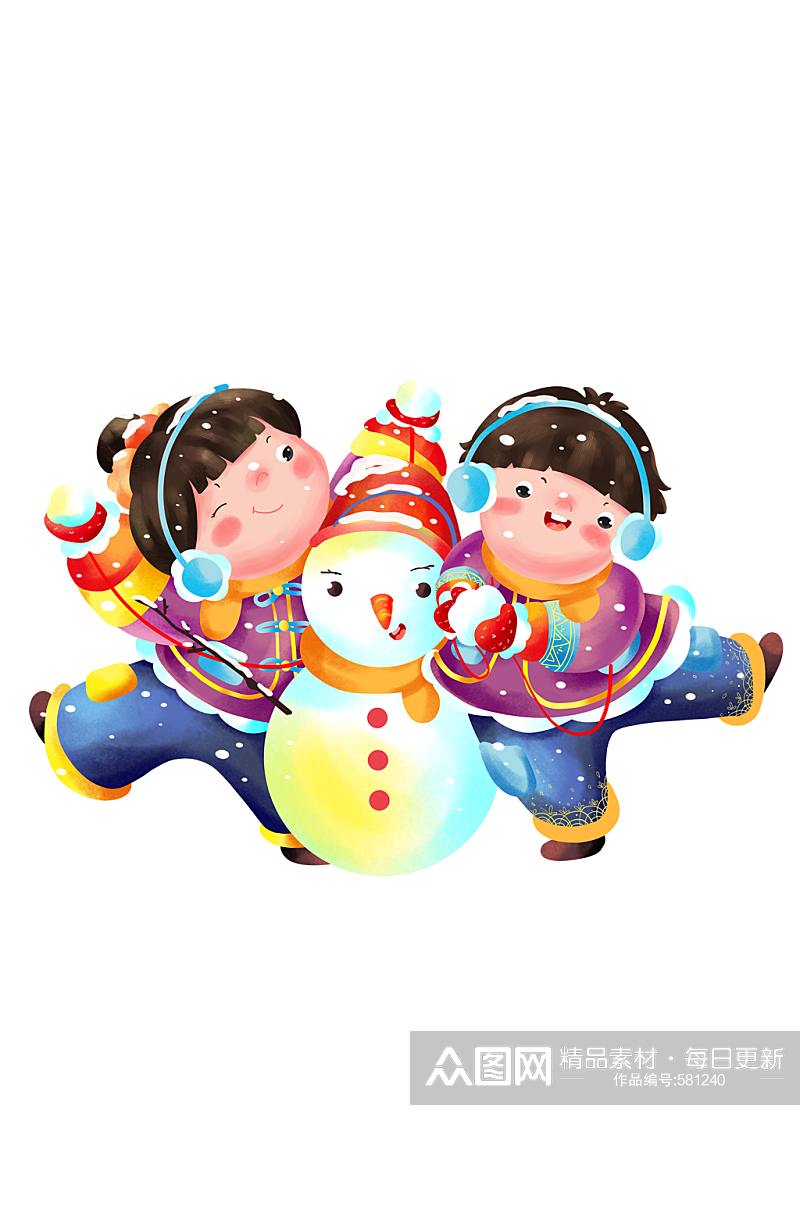 冬天堆雪人的福娃牛年新年卡通插画素材