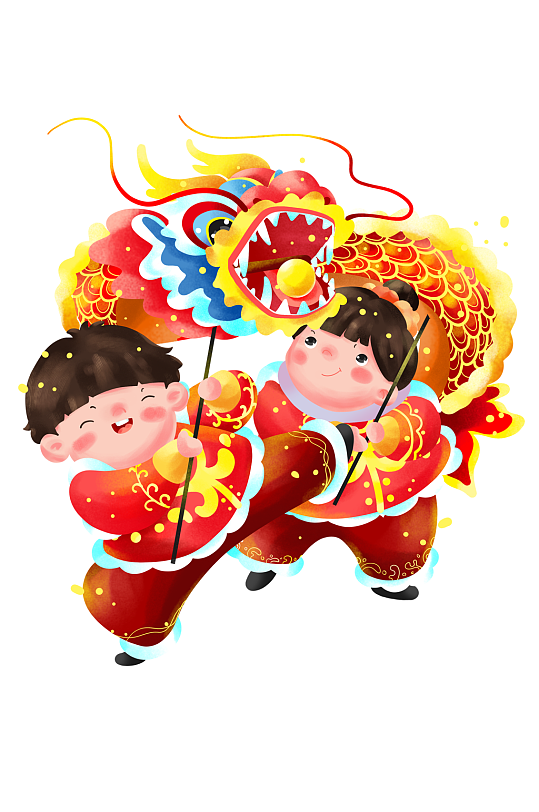 舞龙竖版插图素材立即下载春节卡通老虎舞狮子虎年插画红色新中式喜庆