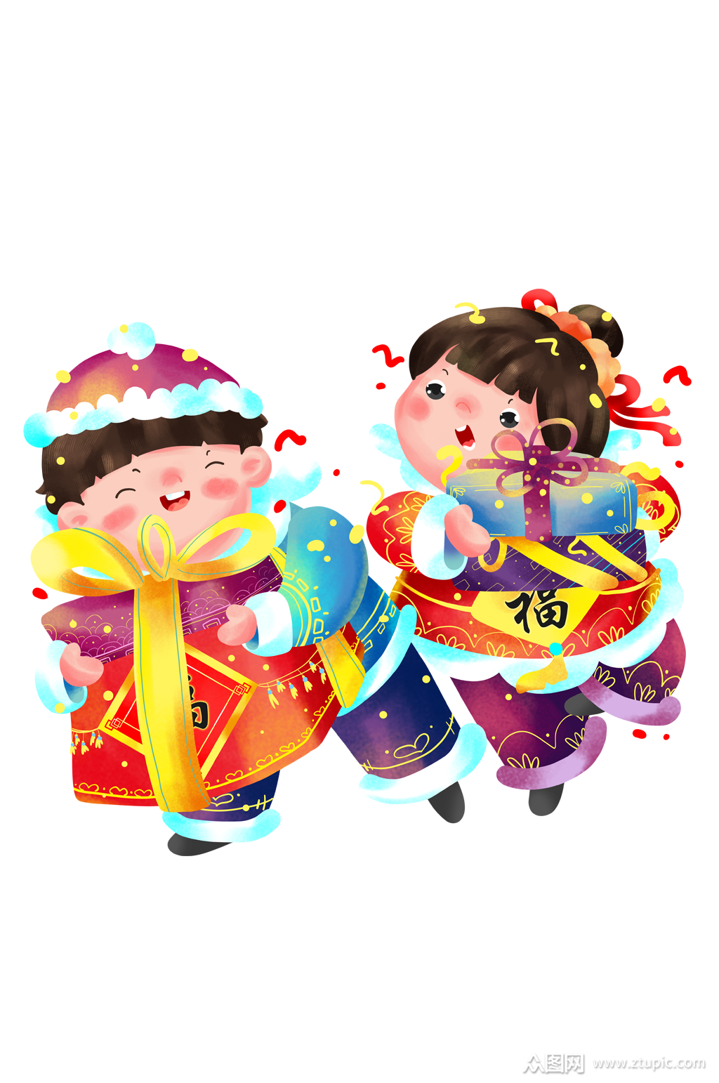 牛年新年卡通插画过年抱年货的福娃