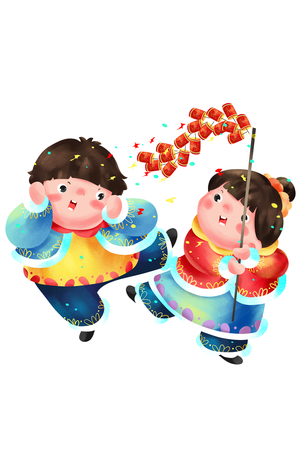 牛年新年卡通插画过年可爱福娃放鞭炮素材