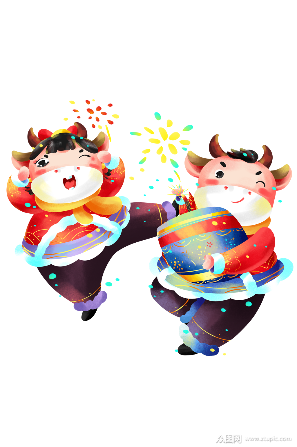 卡通放鞭炮的小牛