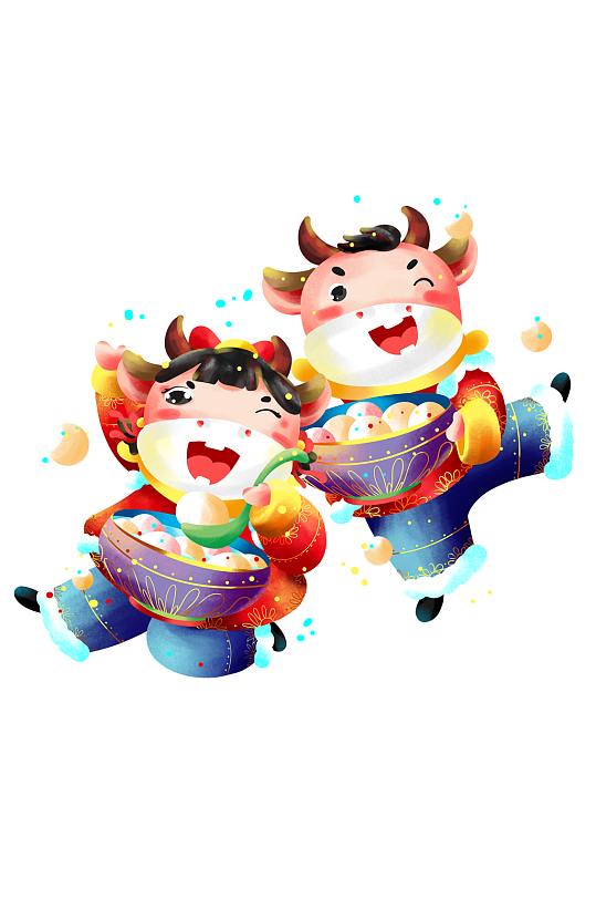 卡通小牛欢喜吃元宵-众图网