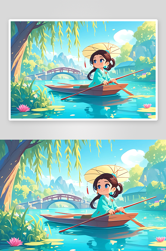 AI数字艺术春天河上划船的女孩插画