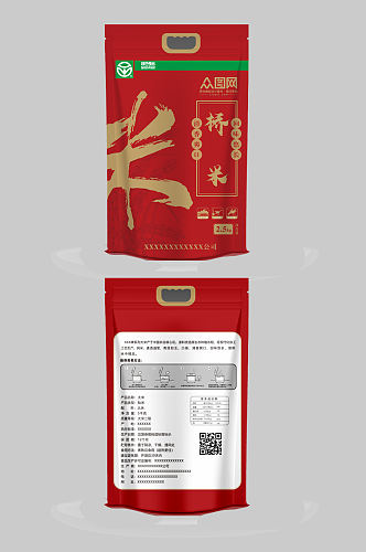 红色国风大米包装袋设计