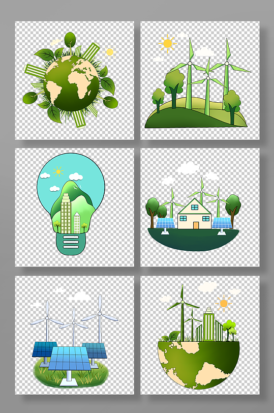 绿色手绘扁平化环保元素插画-众图网