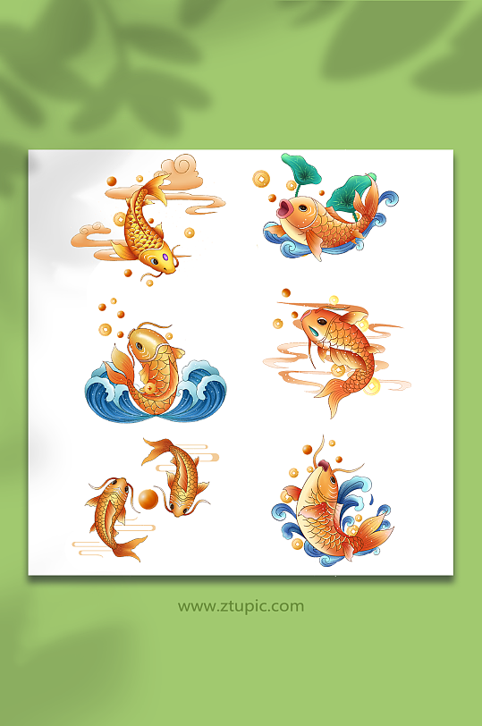 手绘波浪国潮风锦鲤元素插画