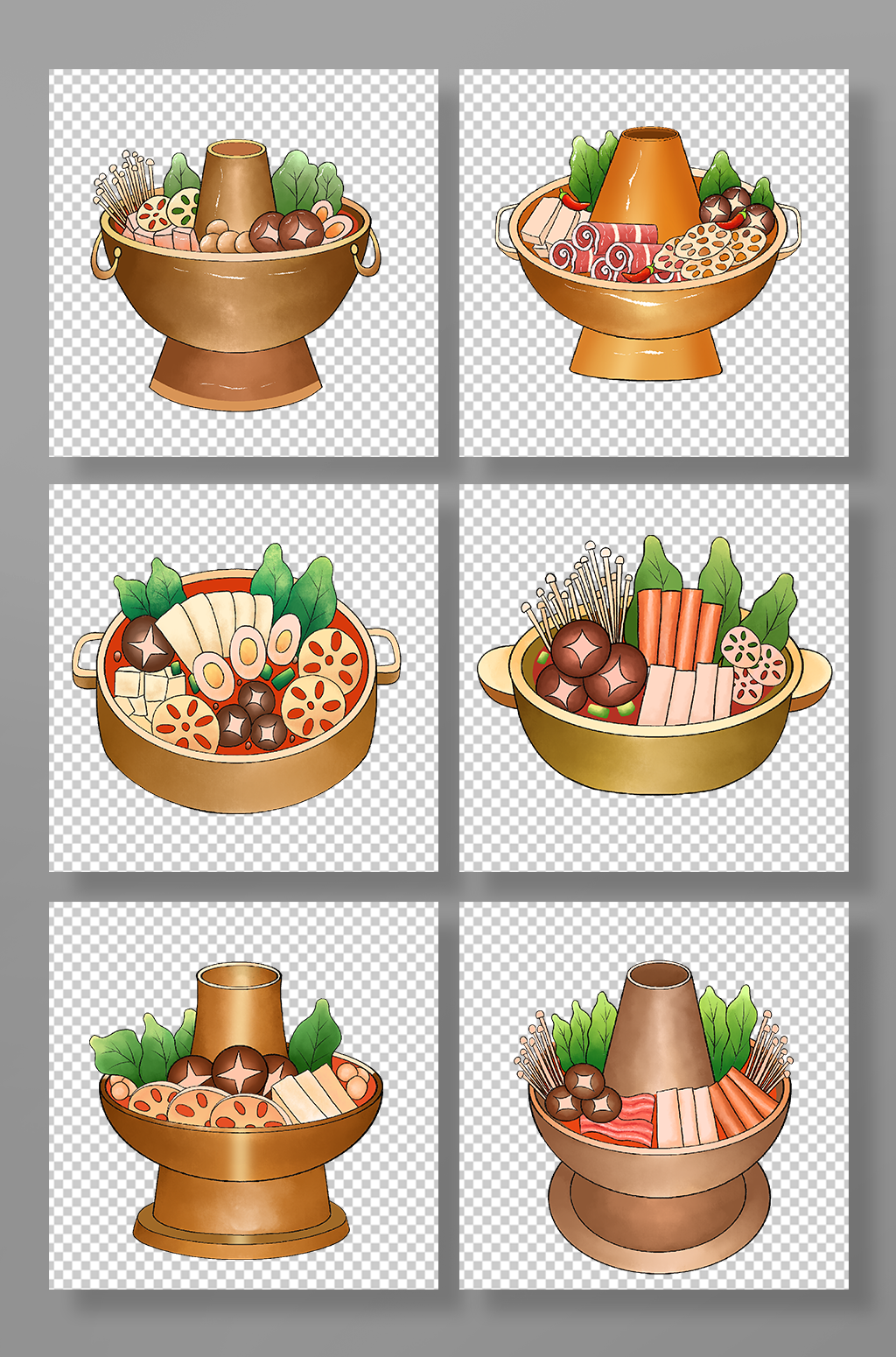 金针菇铜火锅手绘火锅美食元素插画素材