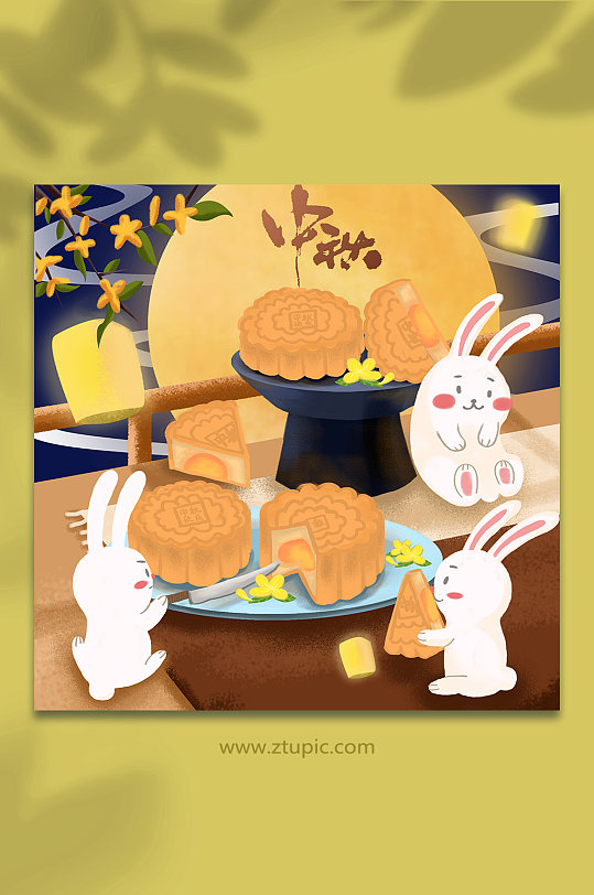 中国风扁平中秋节兔子月饼插画