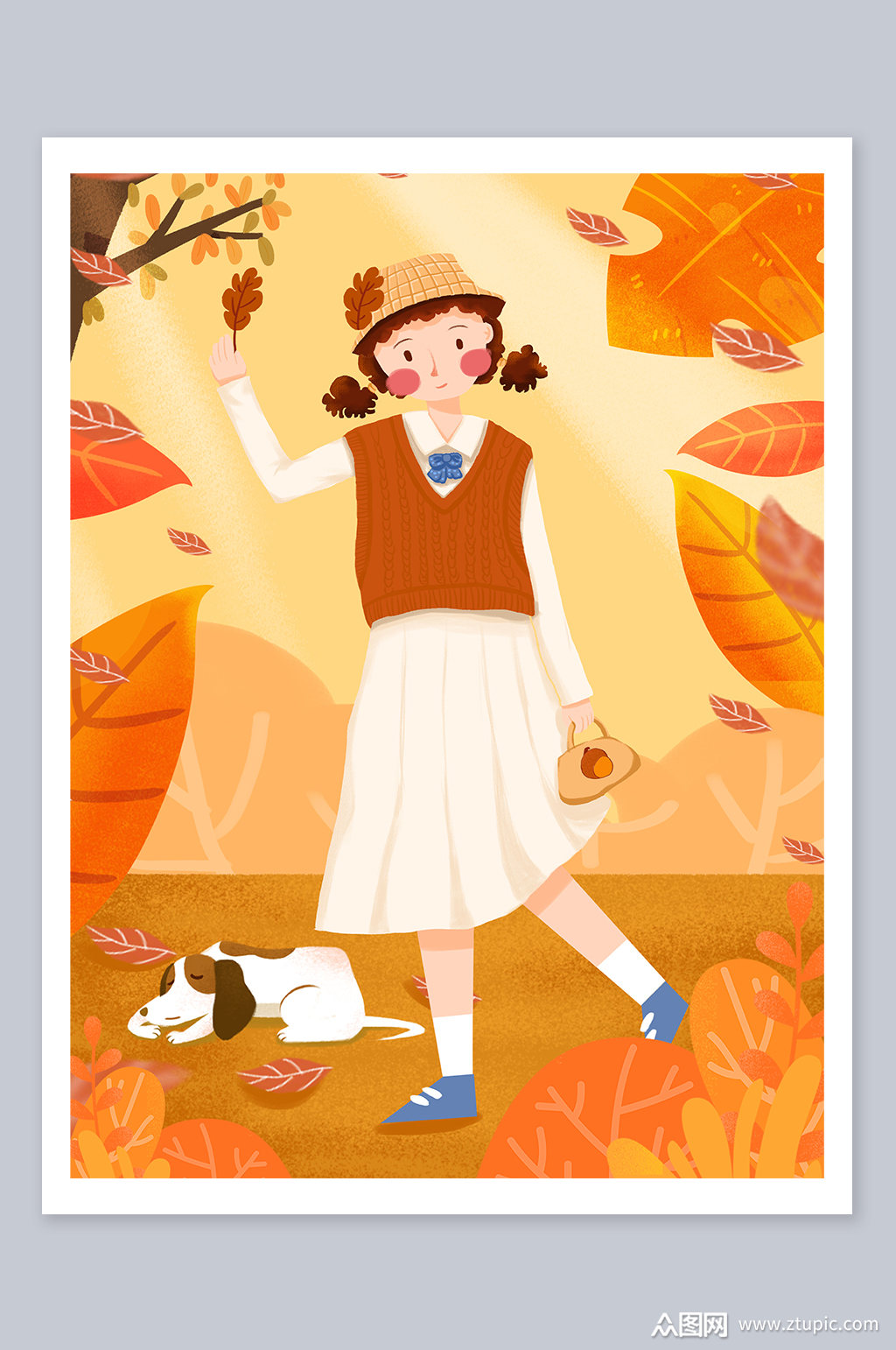 扁平风背心长裙可爱女孩秋季插画