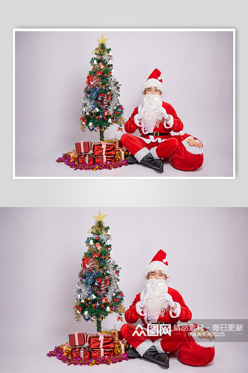 圣诞节圣诞老人坐着抚摸胡子人物摄影图素材