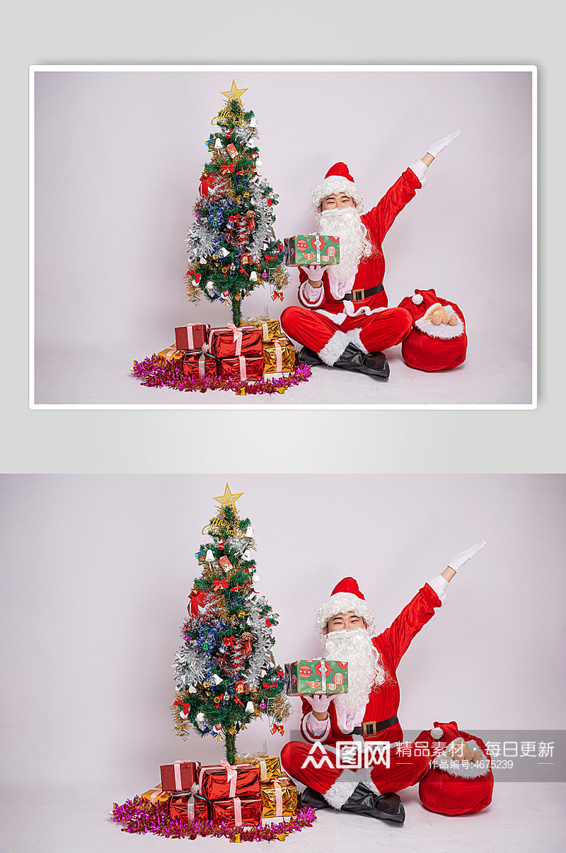 圣诞节圣诞老人单手手捧礼物盒人物摄影图素材
