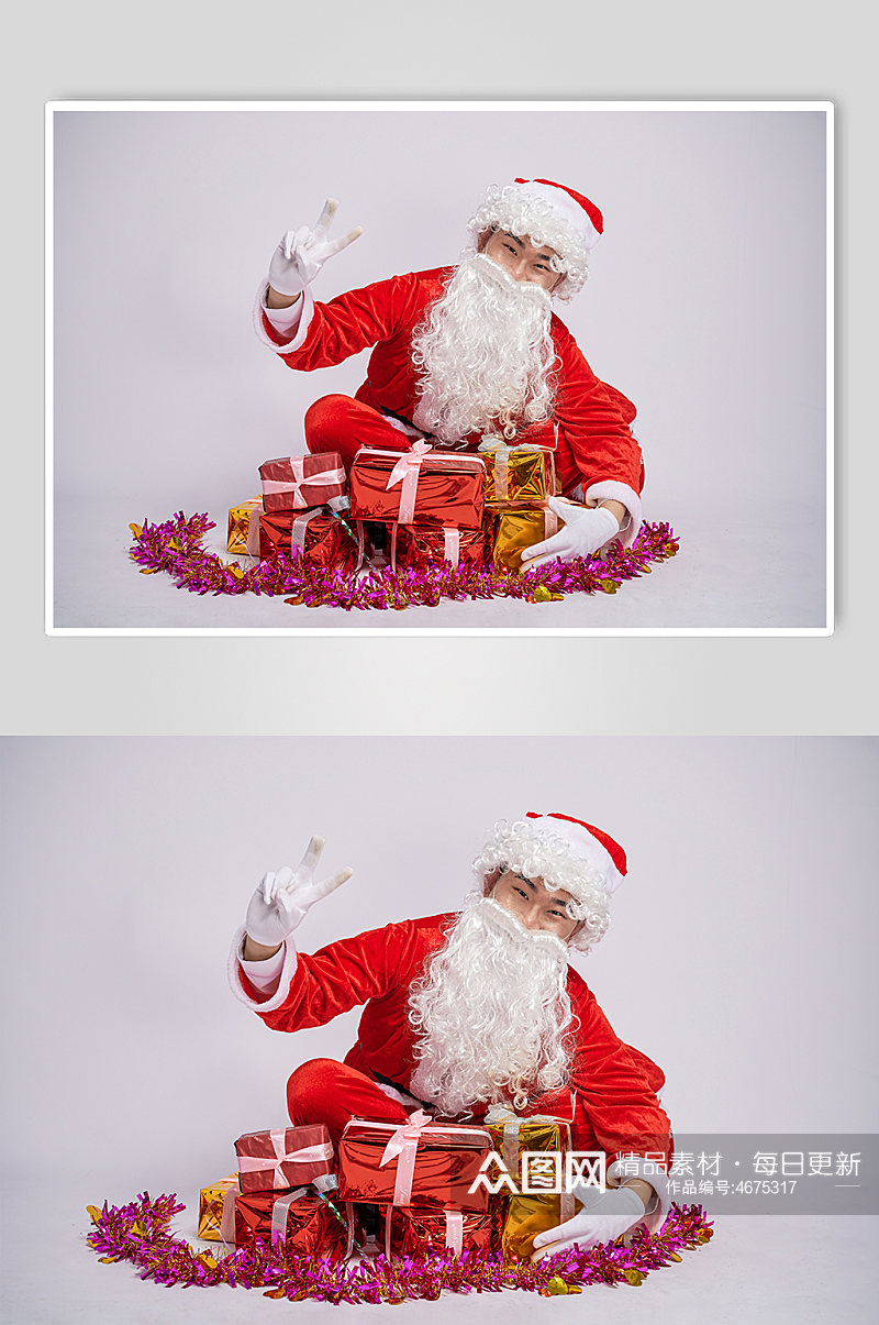 圣诞节圣诞老人坐姿胜利手势人物摄影图素材