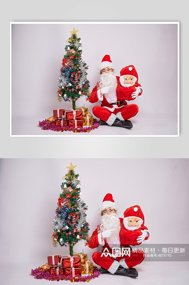 圣诞氛围圣诞老人坐着单手抱娃娃人物摄影图素材