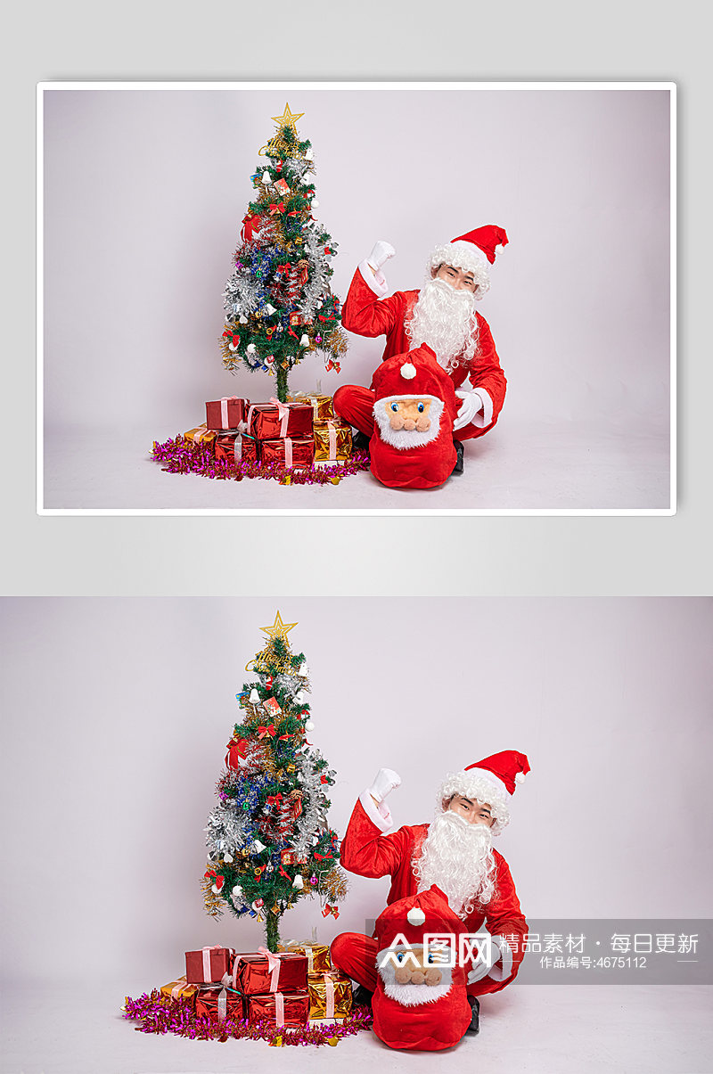 圣诞氛围圣诞老人坐姿加油手势人物摄影图素材