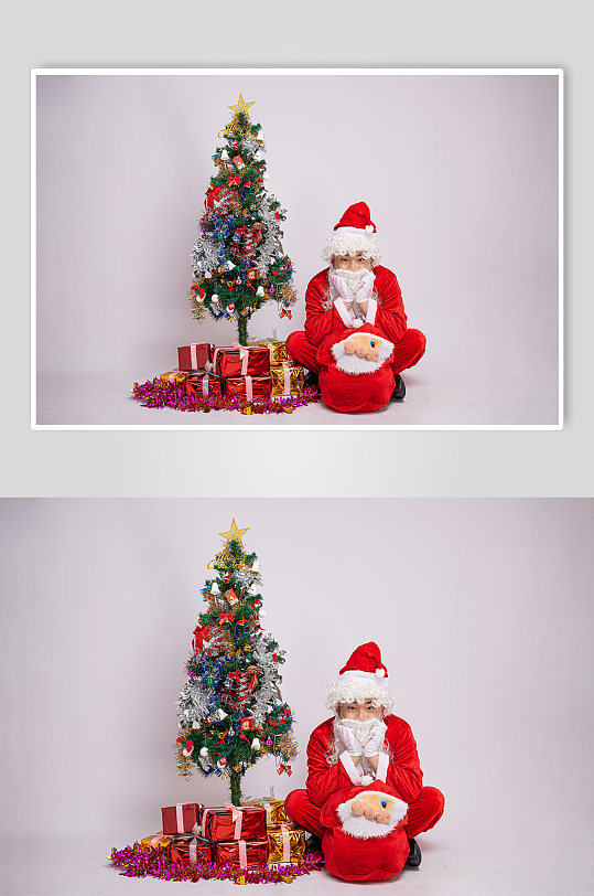 圣诞氛围圣诞树圣诞老人双手托腮人物摄影图