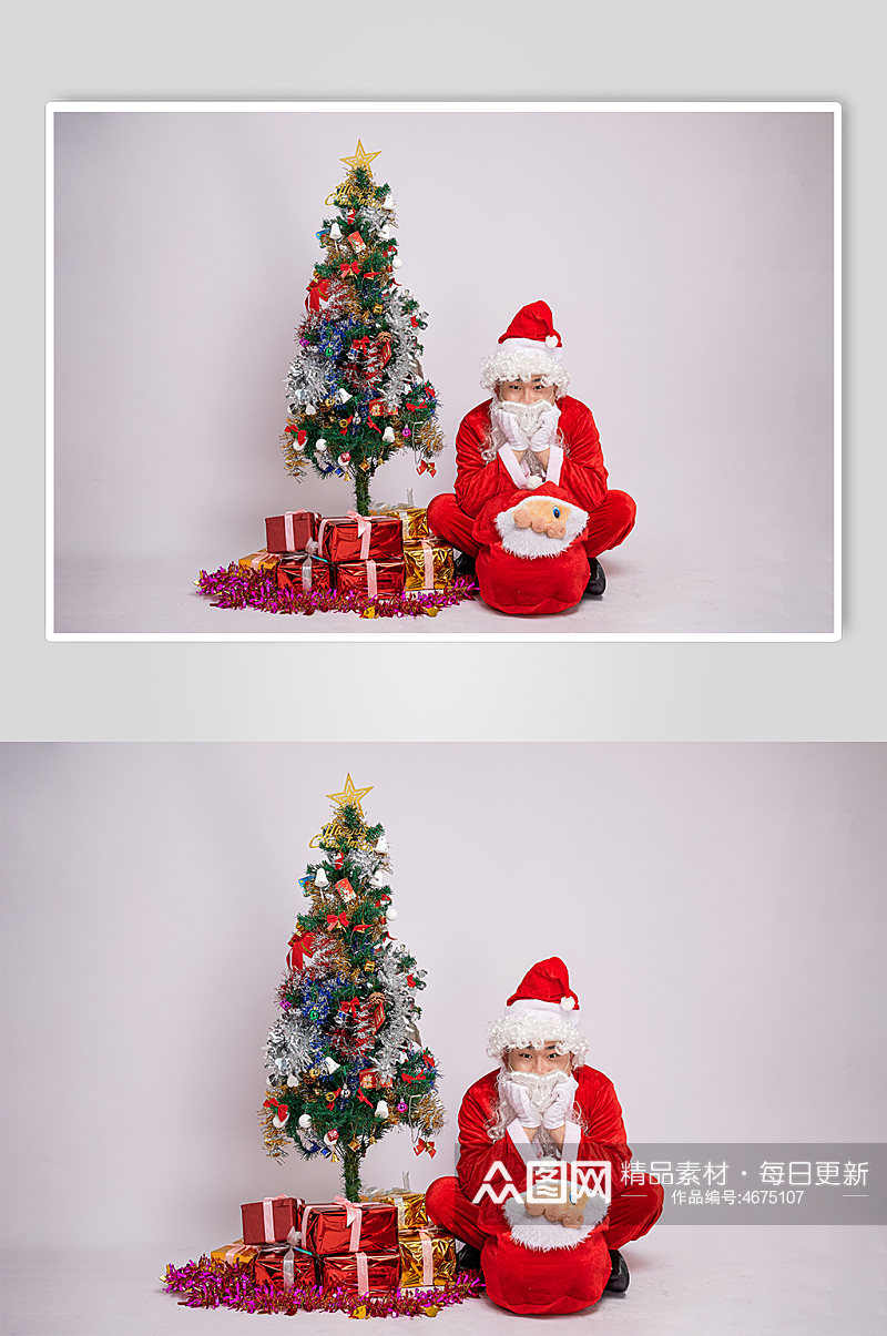 圣诞氛围圣诞树圣诞老人双手托腮人物摄影图素材