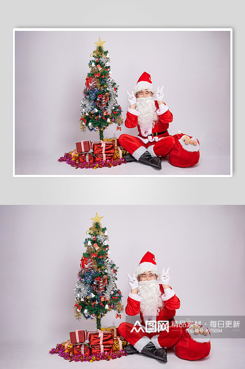 圣诞节圣诞老人双手胜利手势坐姿人物摄影图素材