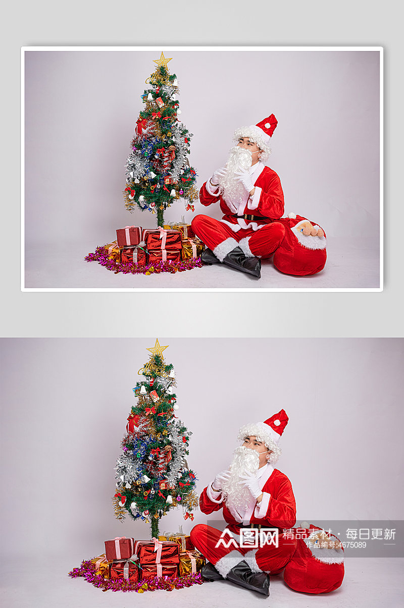 圣诞老人抬头双手抚摸胡子人物摄影图素材