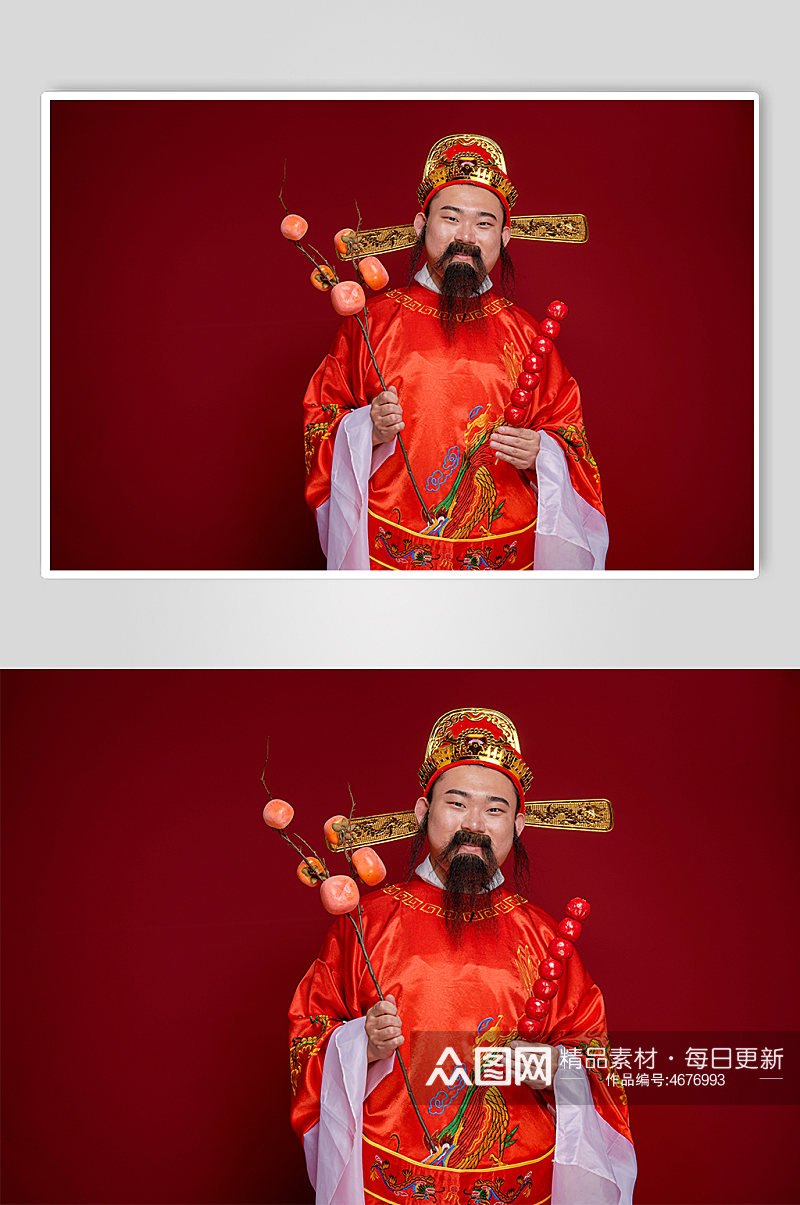 新年财神爷手拿糖葫芦柿子人物摄影图素材