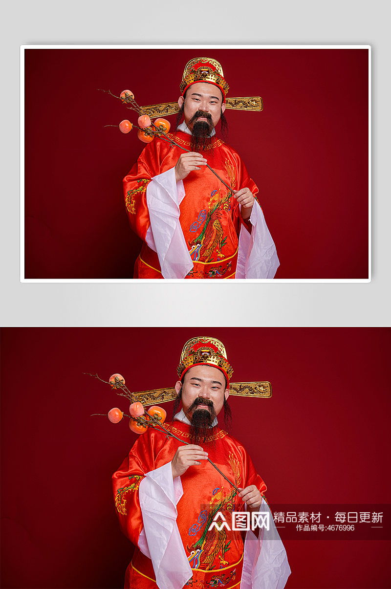 新年财神爷手拿柿子人物摄影图素材