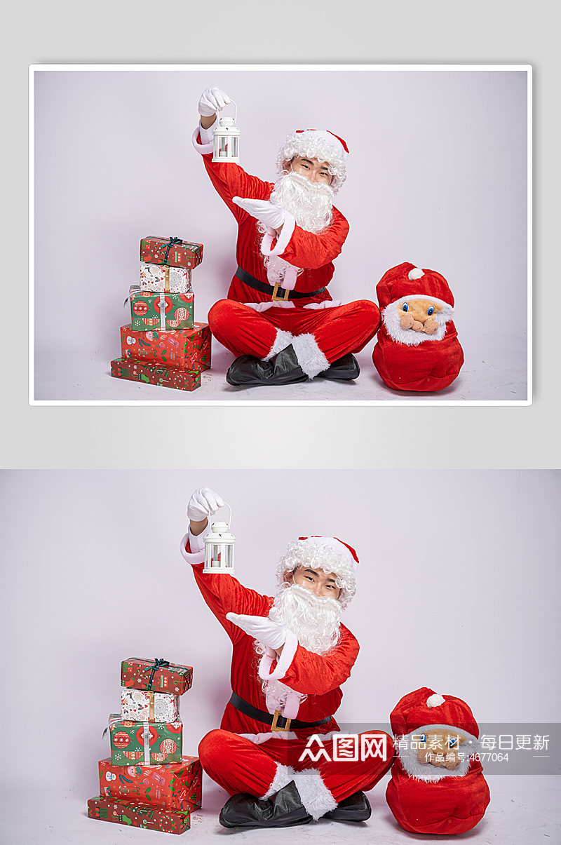圣诞节圣诞老人坐姿提灯人物摄影图素材