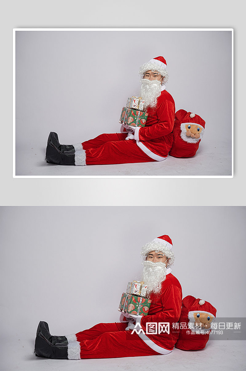 圣诞节圣诞老人坐着手拿礼物人物摄影图素材