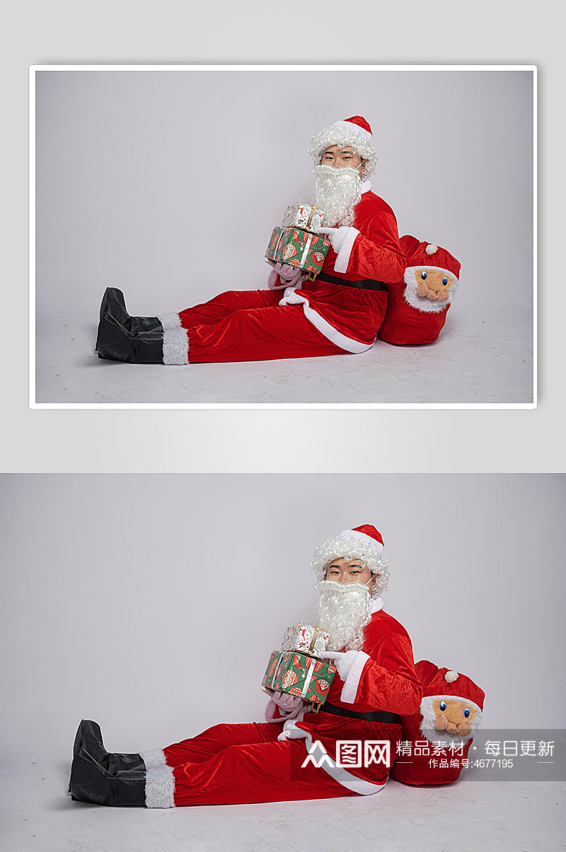 圣诞节圣诞老人坐着手拿礼物人物摄影图素材