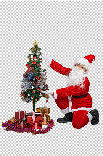 免抠png圣诞老人蹲着展示圣诞树摄影图