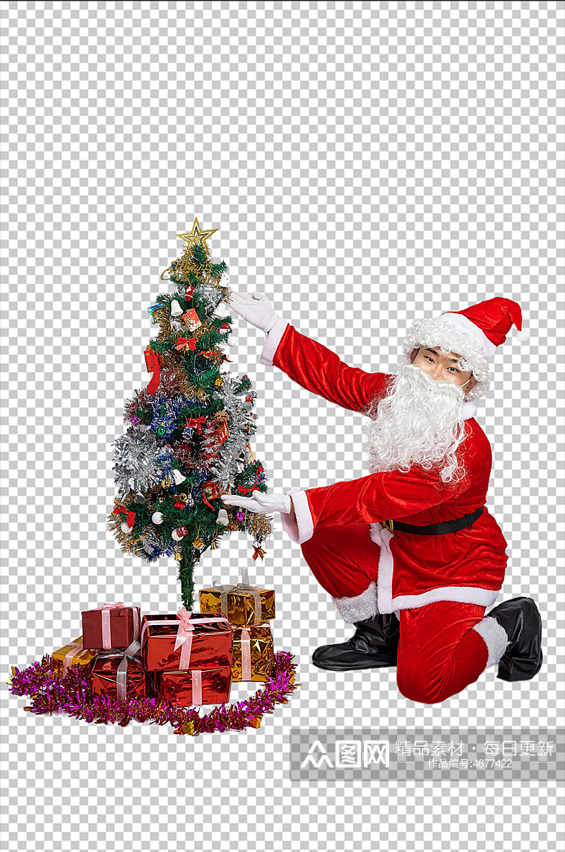 免抠png圣诞老人蹲着展示圣诞树摄影图素材