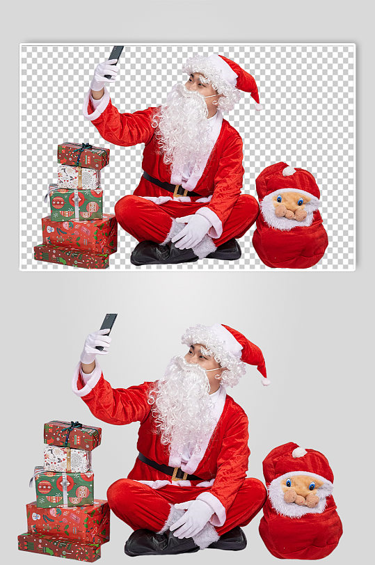免抠png圣诞老人手拿手机自拍摄影图