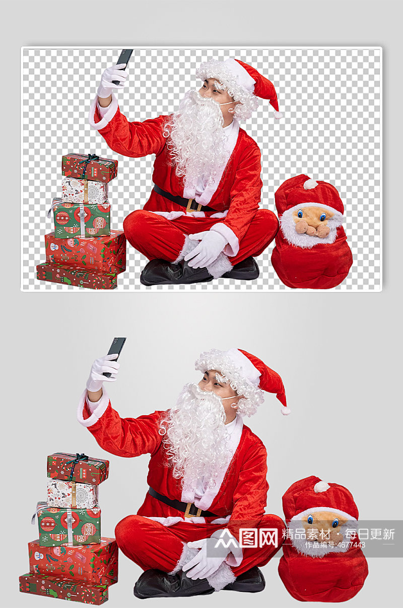 免抠png圣诞老人手拿手机自拍摄影图素材