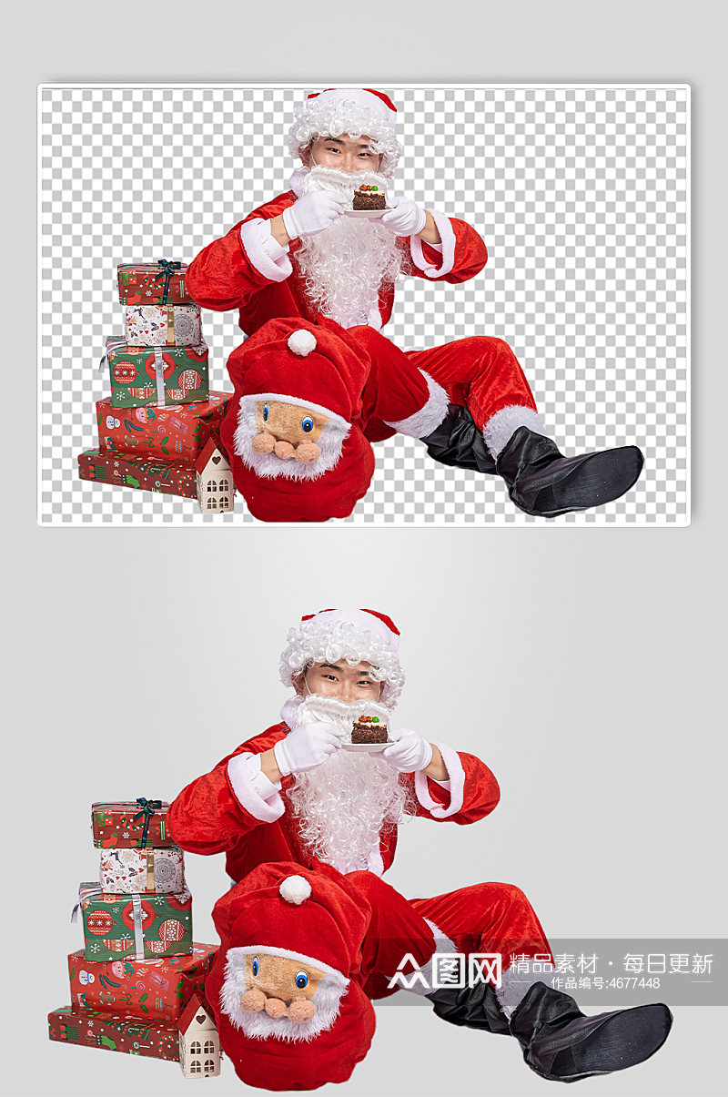 免抠png圣诞老人坐着手拿蛋糕摄影图素材