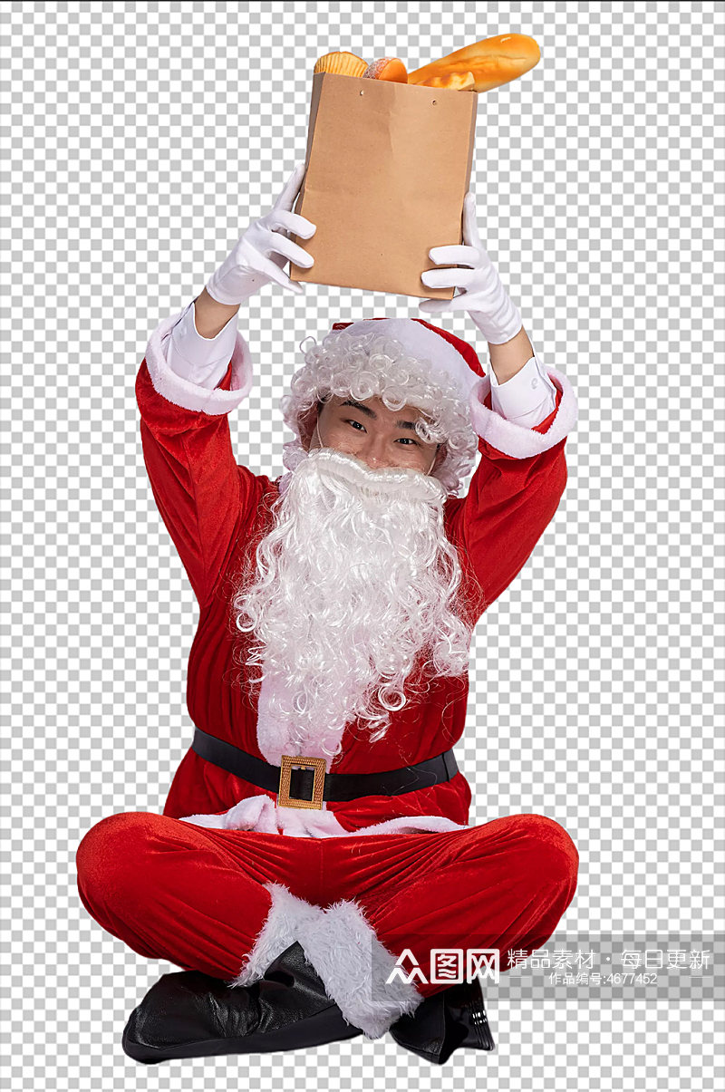 免抠png圣诞老人坐着双手举起面包摄影图素材