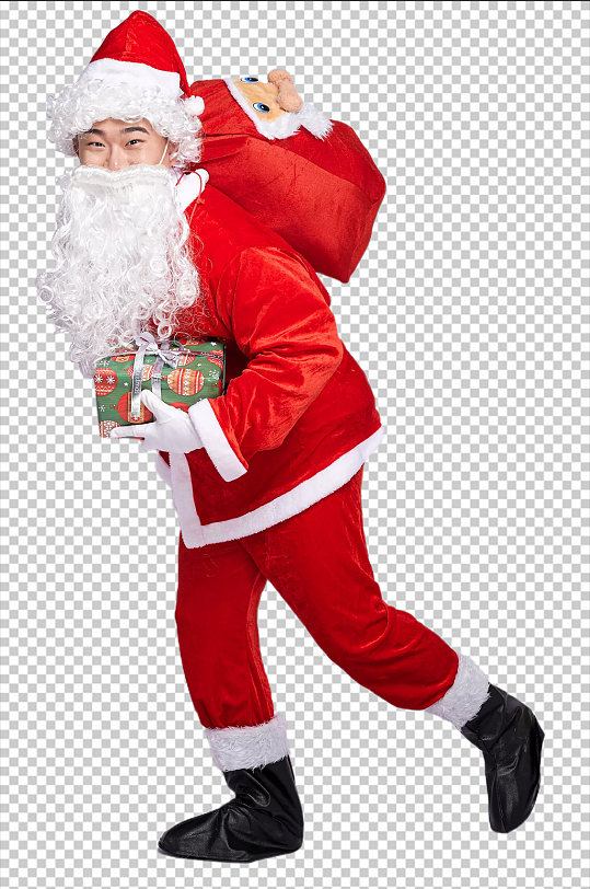 免抠png圣诞老人弯腰背礼物拿礼物摄影图