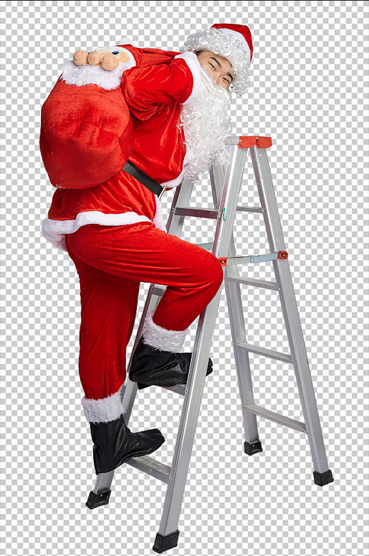 免抠png圣诞老人背礼物爬梯子摄影图