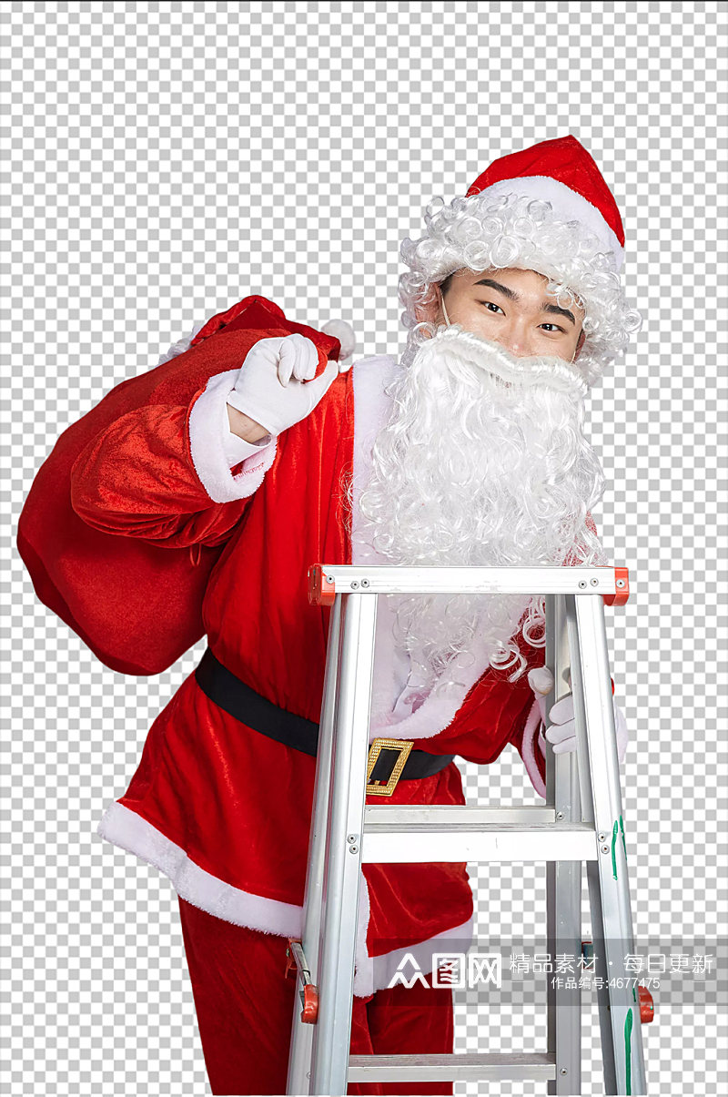 免抠png圣诞老人背礼物爬梯子摄影图素材