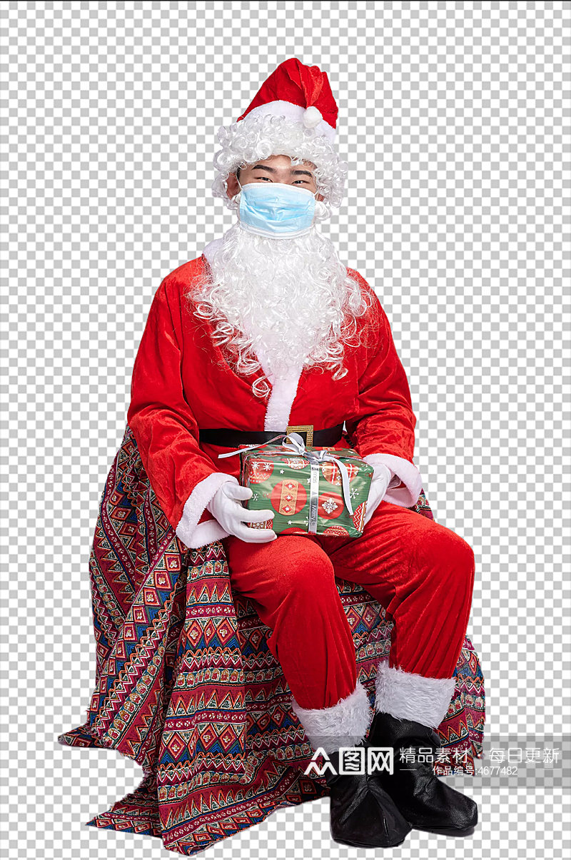 免抠png圣诞老人带口罩坐着拿礼物摄影图素材
