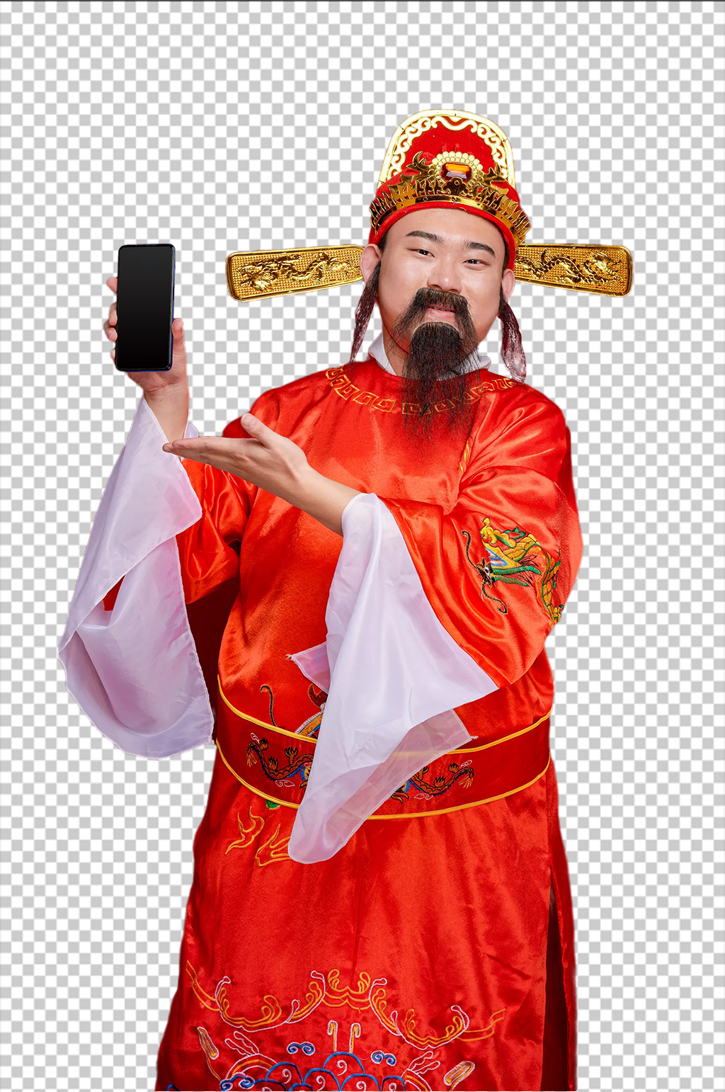 免抠png新年财神爷手拿手机展示摄影图素材
