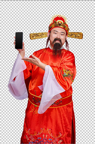 免抠png新年财神爷手拿手机展示摄影图