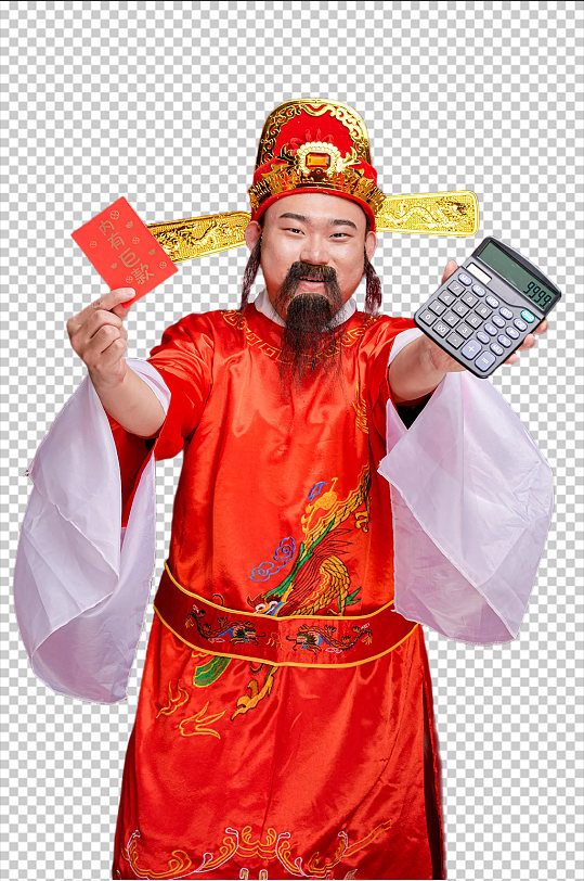 免抠png新年财神爷手拿红包计算器摄影图