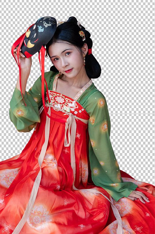 古装唐制汉服女性人物手拿面具png摄影图